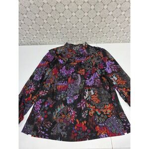 Phyllis Sidney Shaker Sport Floral Paisley Mock Neck Ruffle Blouse Multicolor